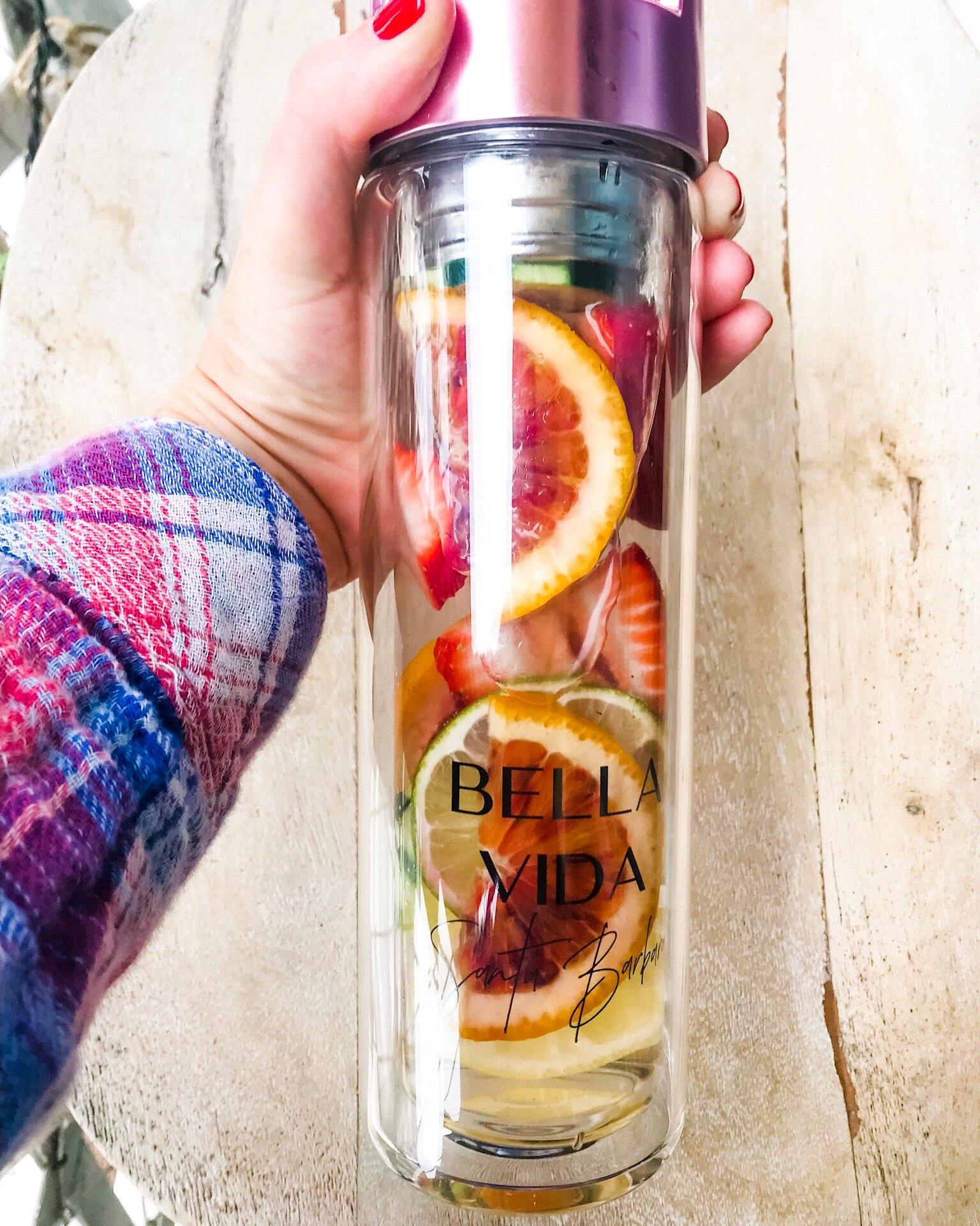 Bella Vida Santa Barbara Glass Detox Water Bottles in Gold or Rose Gold Pink with tea infuser Detoxify Zero Waste