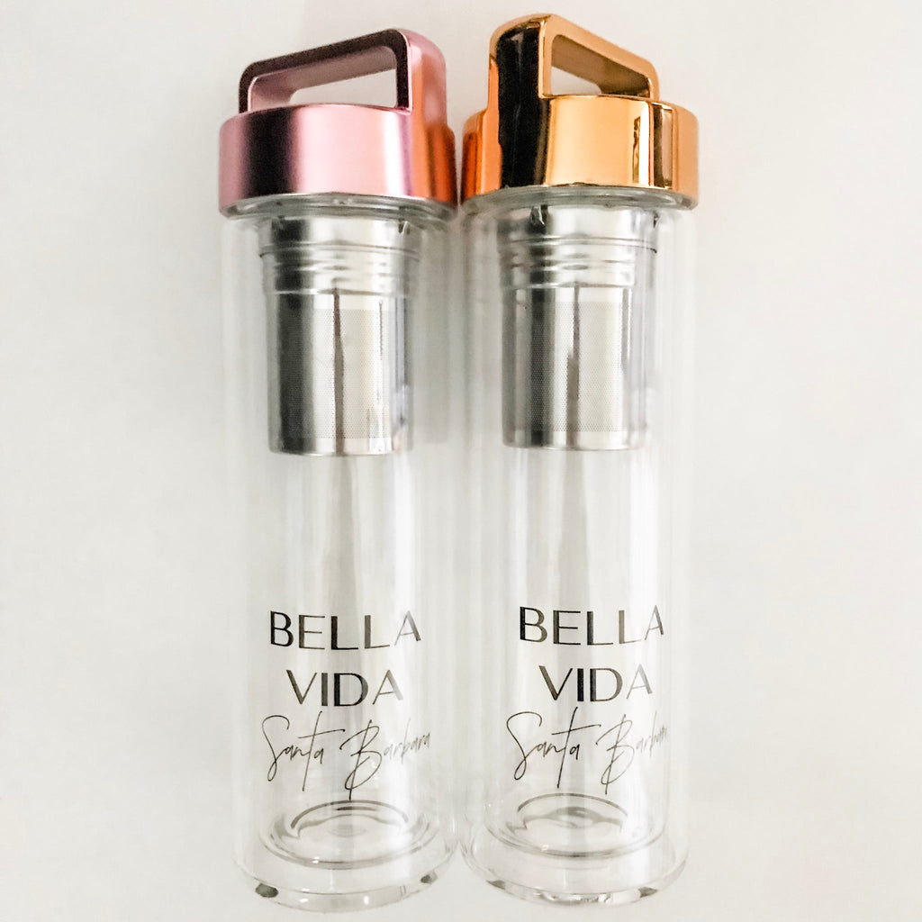 Luxe Glass Detox Water Bottle in Pink and Gold tops